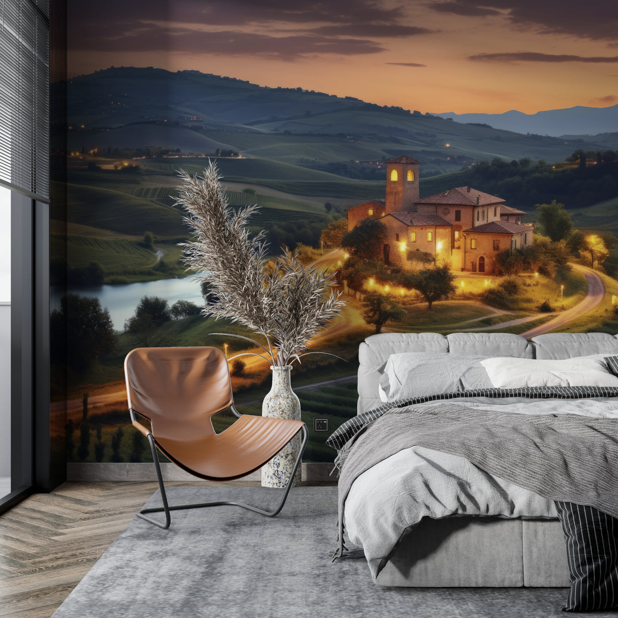 Italian countryside wallpaper transforming a bedroom into a peaceful Tuscan retreat