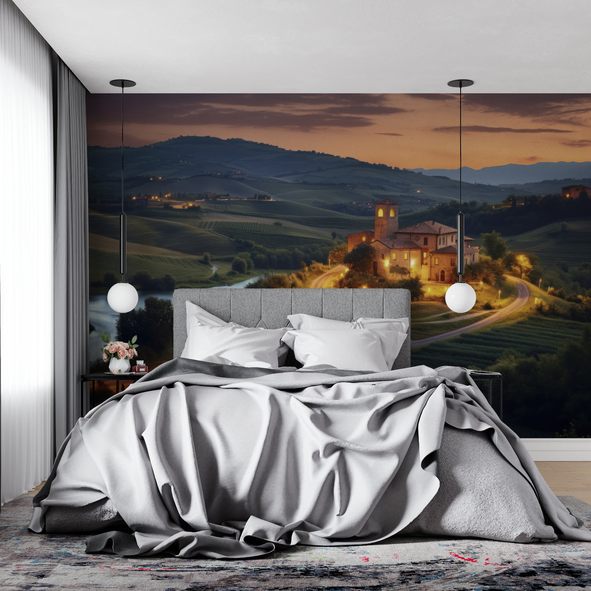 Tuscan landscape mural adding depth to a home office with rolling hills and villa view