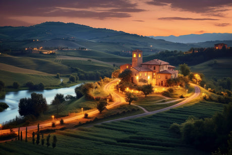 Tuscan villa sunset landscape design file showing detailed Mediterranean scenery and warm color palette