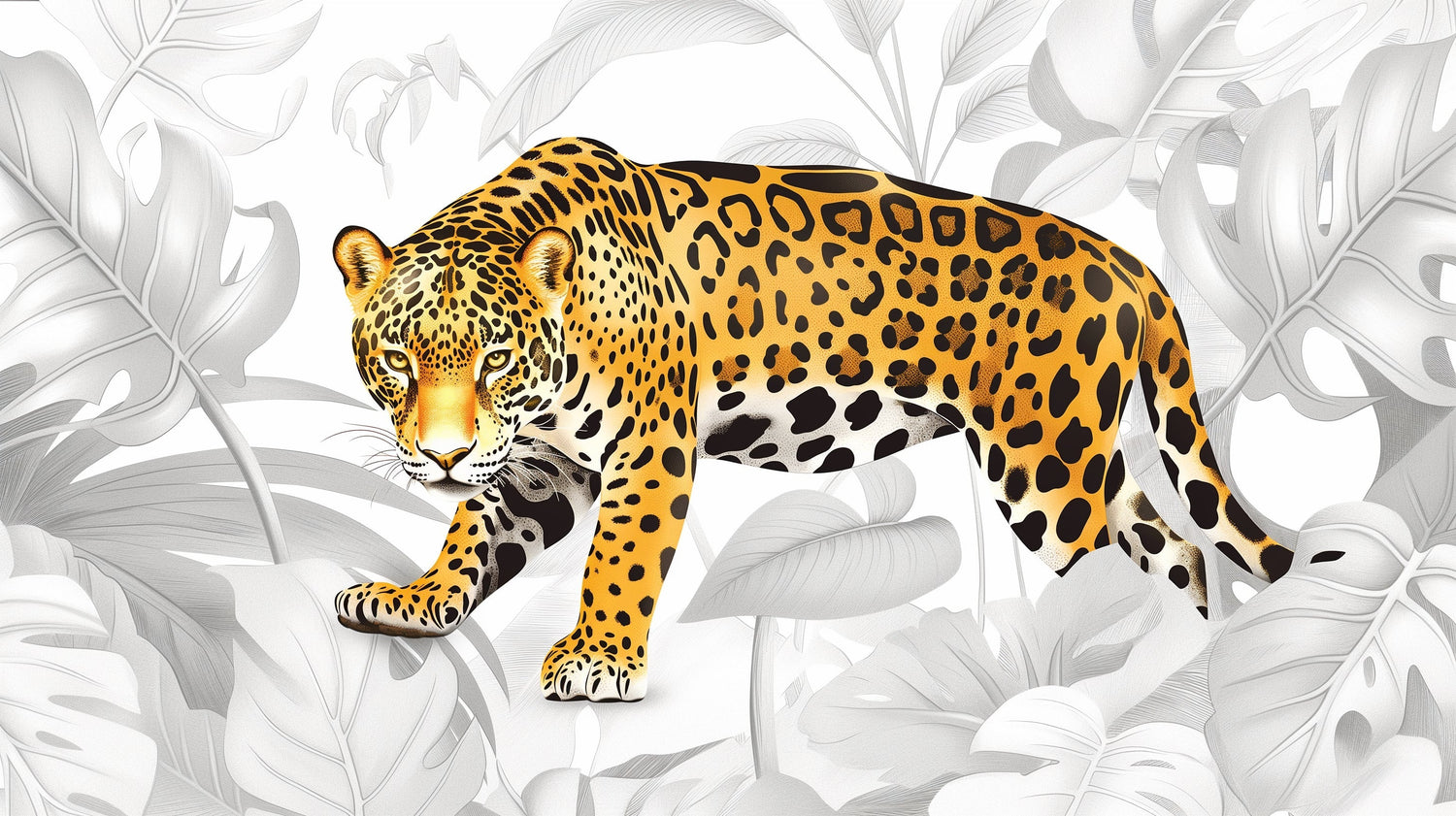 Jaguar wallpaper design file showing detailed golden wild cat and monstera pattern