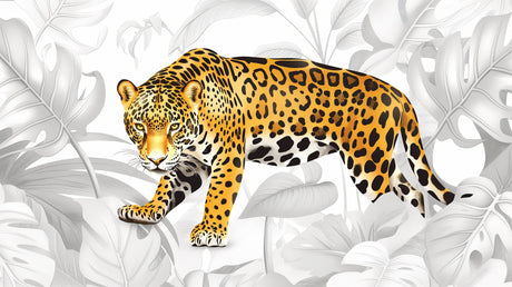 Jaguar wallpaper design file showing detailed golden wild cat and monstera pattern
