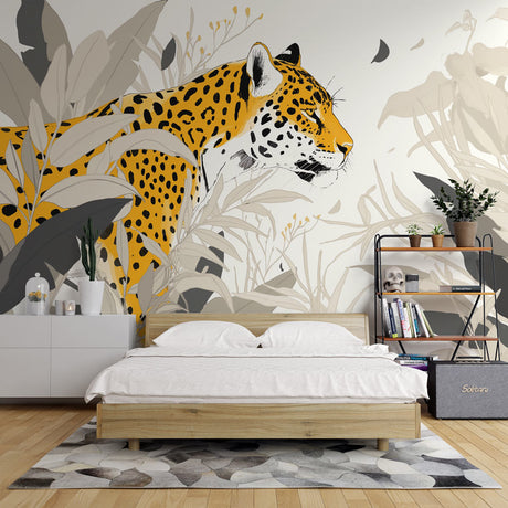Jaguar wallpaper mural showcased in a modern living room, highlighting the golden feline against soft gray tropical leaves