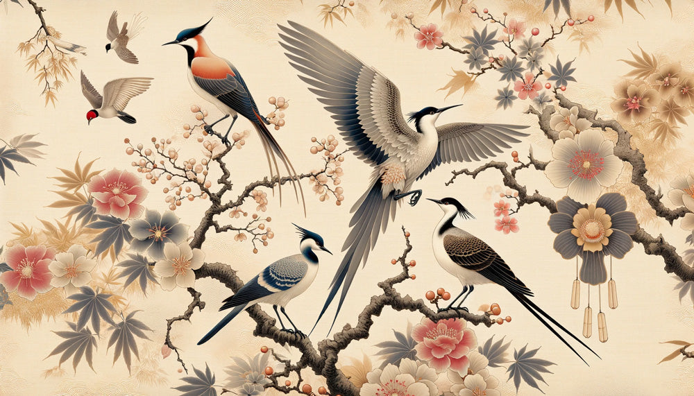 Japanese birds wallpaper design file showing detailed crane and cherry blossom pattern