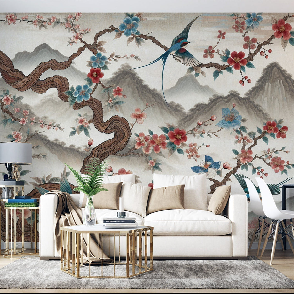 Japanese Cherry Blossom wallpaper mural creating a serene atmosphere in a modern living room with natural light