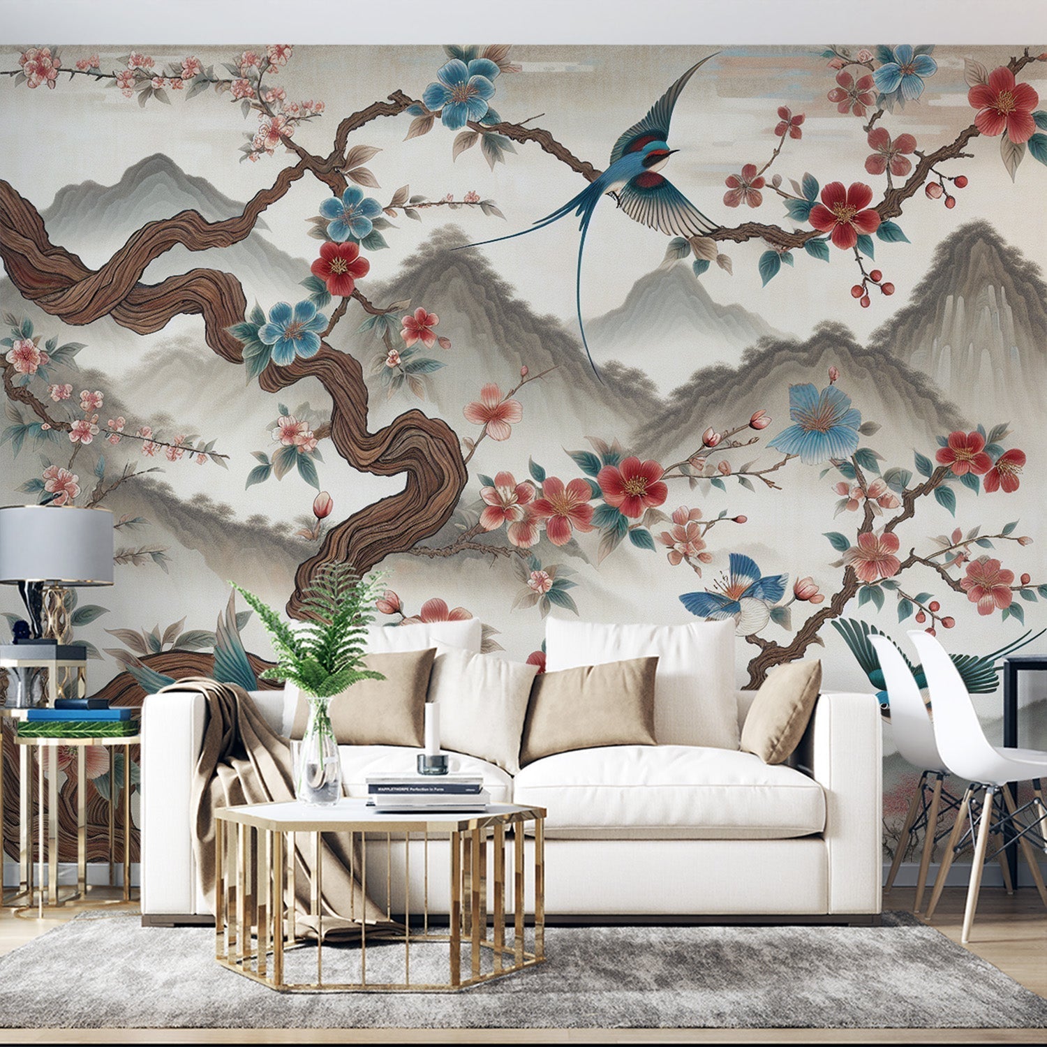Japanese Cherry Blossom wallpaper mural creating a serene atmosphere in a modern living room with natural light