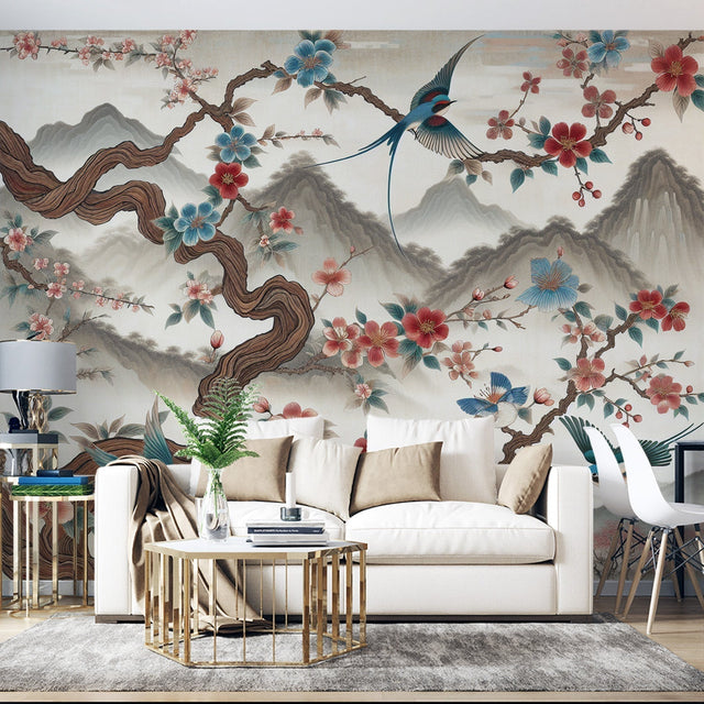 Japanese Cherry Blossom wallpaper mural creating a serene atmosphere in a modern living room with natural light