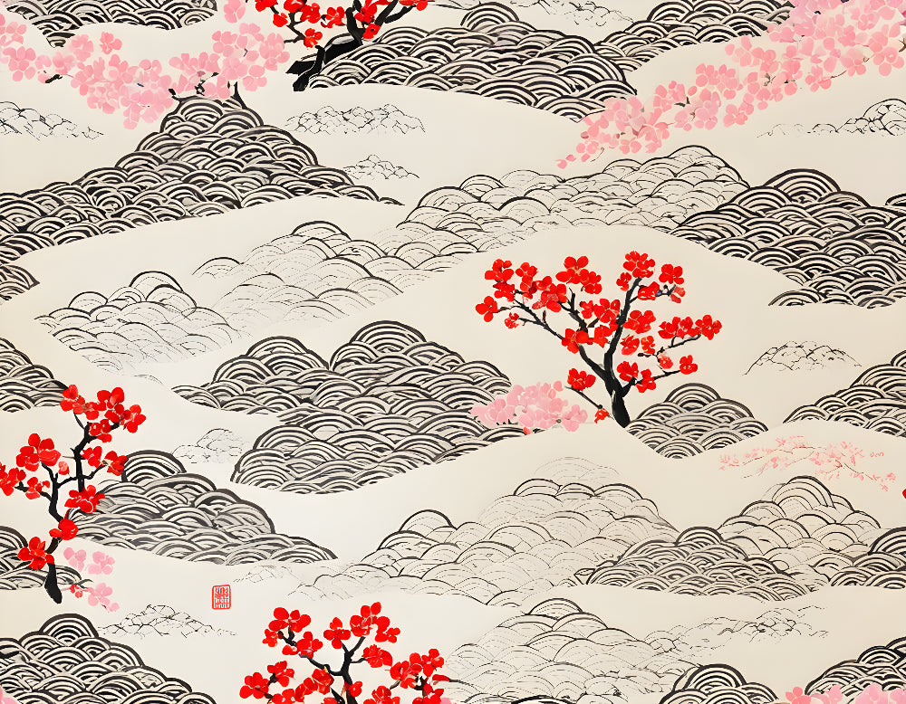 Japanese cherry blossom wallpaper creating a peaceful atmosphere in a modern living room with natural light