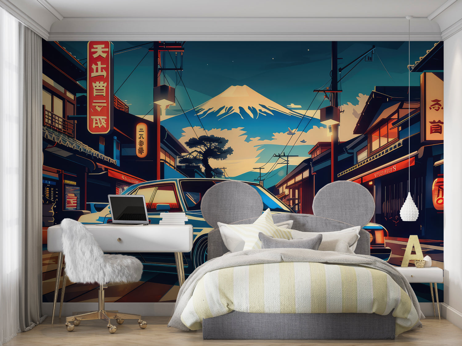 Mount Fuji wallpaper creating depth in minimalist bedroom