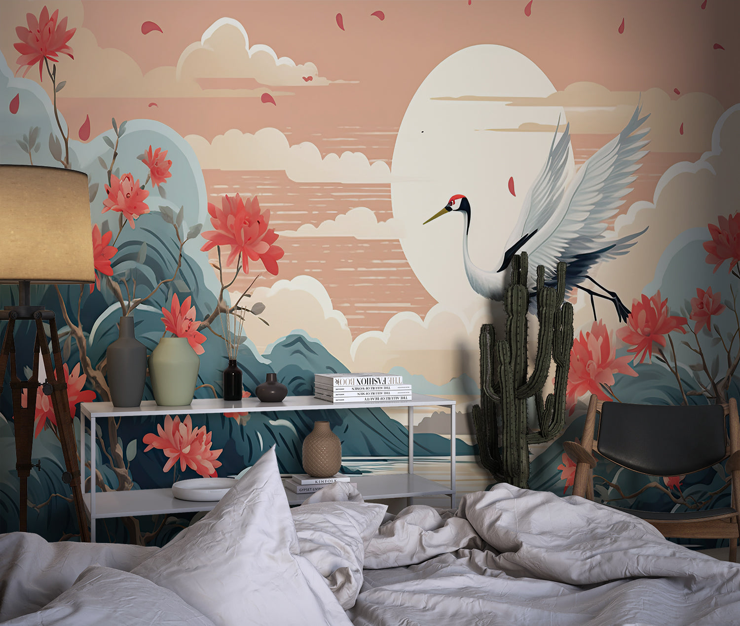 Japanese crane wall art in home office highlighting professional setting