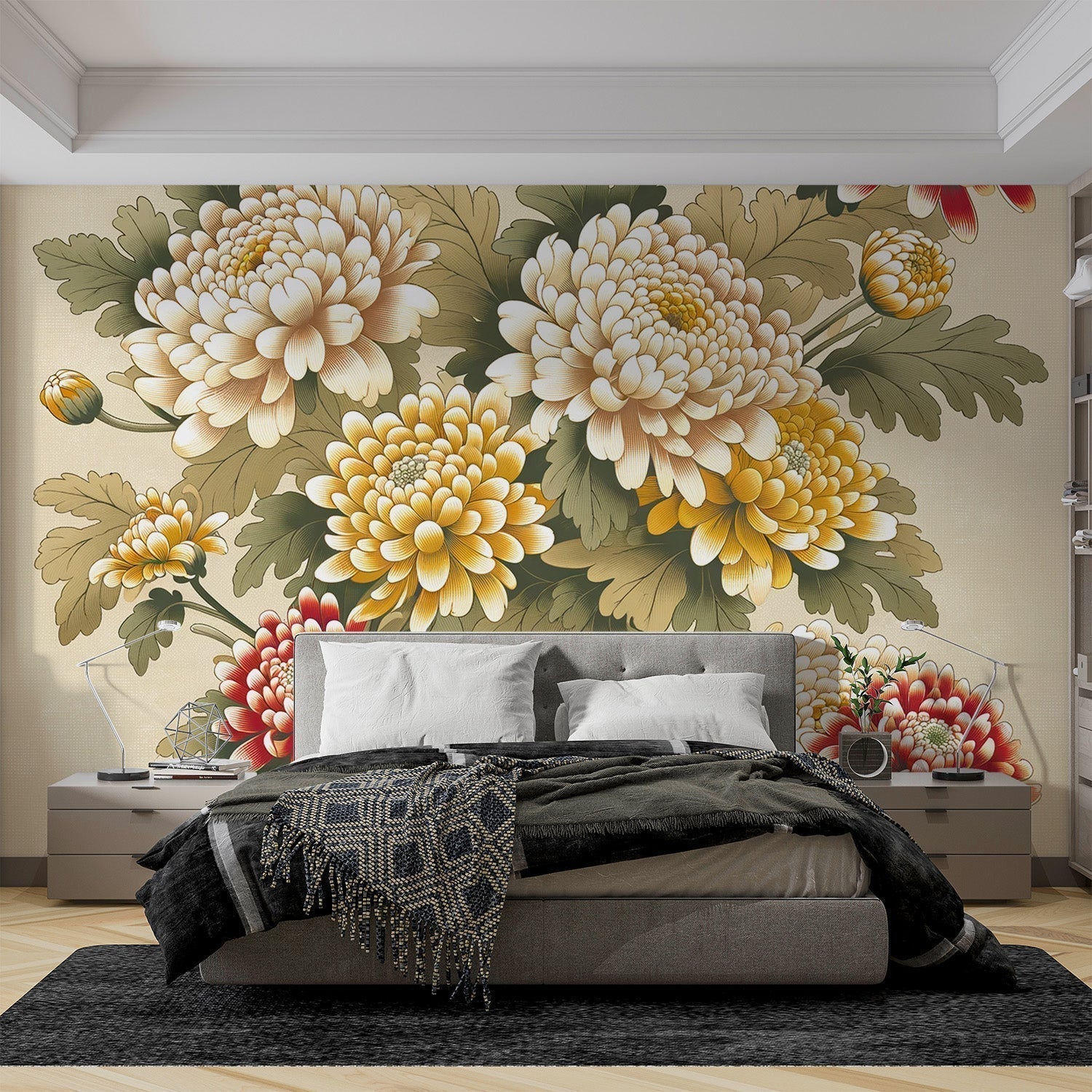 Japanese Chrysanthemum wallpaper creating a peaceful dining room atmosphere with warm neutral tones and elegant floral details
