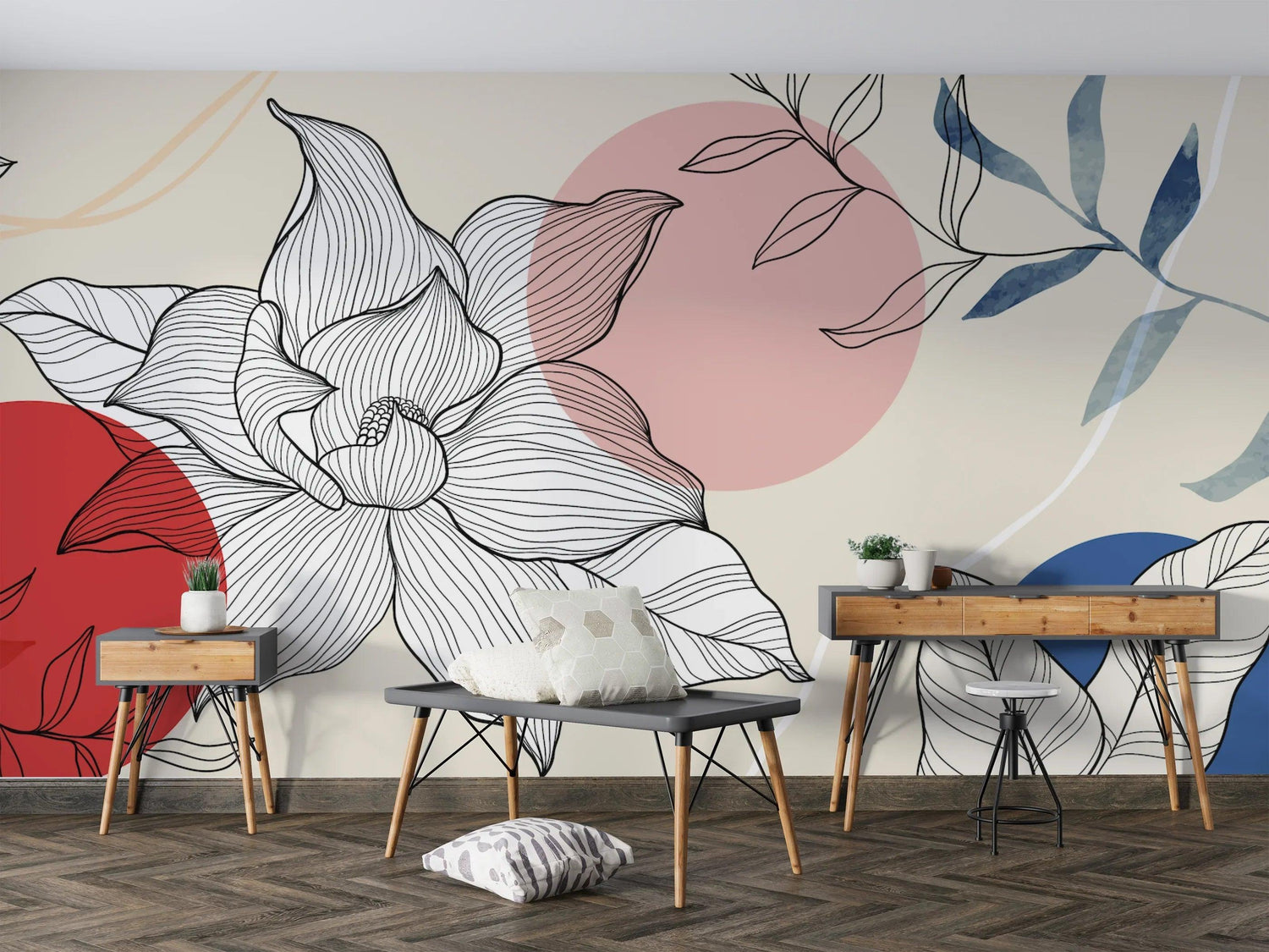 Japanese floral wallpaper with lotus design in modern living room showcasing clean lines and geometric patterns