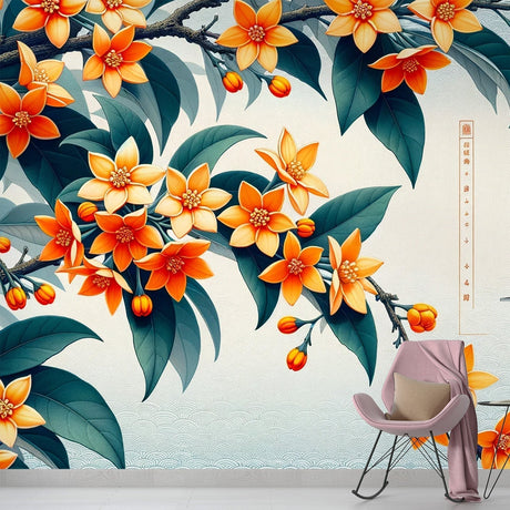 Japanese floral wallpaper with orange blossoms shown in bright modern living room setting with minimal furniture