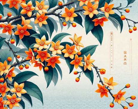Japanese floral pattern design file showing detailed orange blossoms and teal leaves arrangement