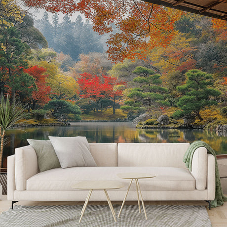 Japanese garden mural wallpaper creating a peaceful atmosphere in a modern living room with autumn lake and pine trees view