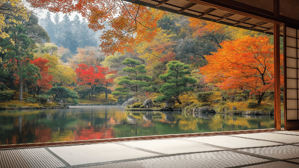 Japanese garden wallpaper design file showing detailed autumn lake scene with pine trees and maple leaves