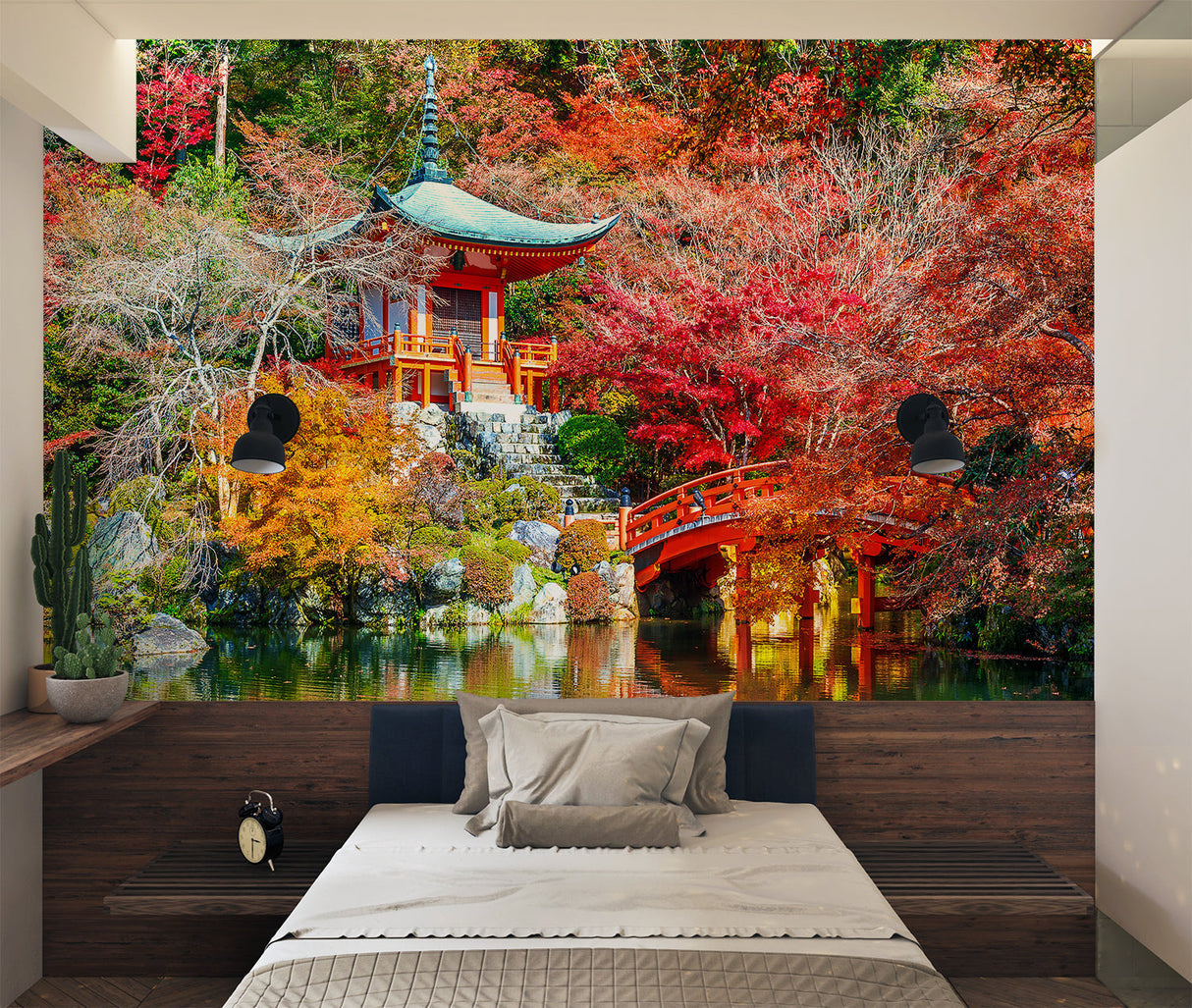 Japanese garden wallpaper in modern living room showing red bridge and autumn maples
