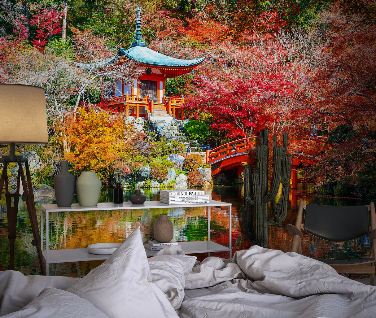 Oriental temple mural creating zen atmosphere in meditation room