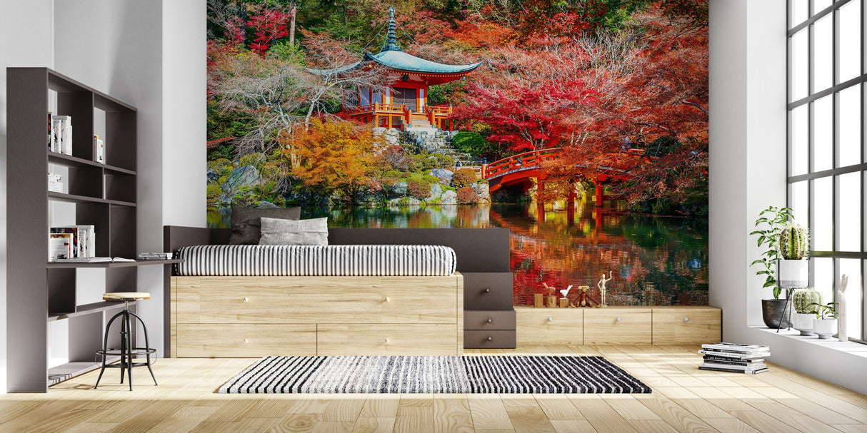 Japanese temple wallpaper transforming home office with autumn colors