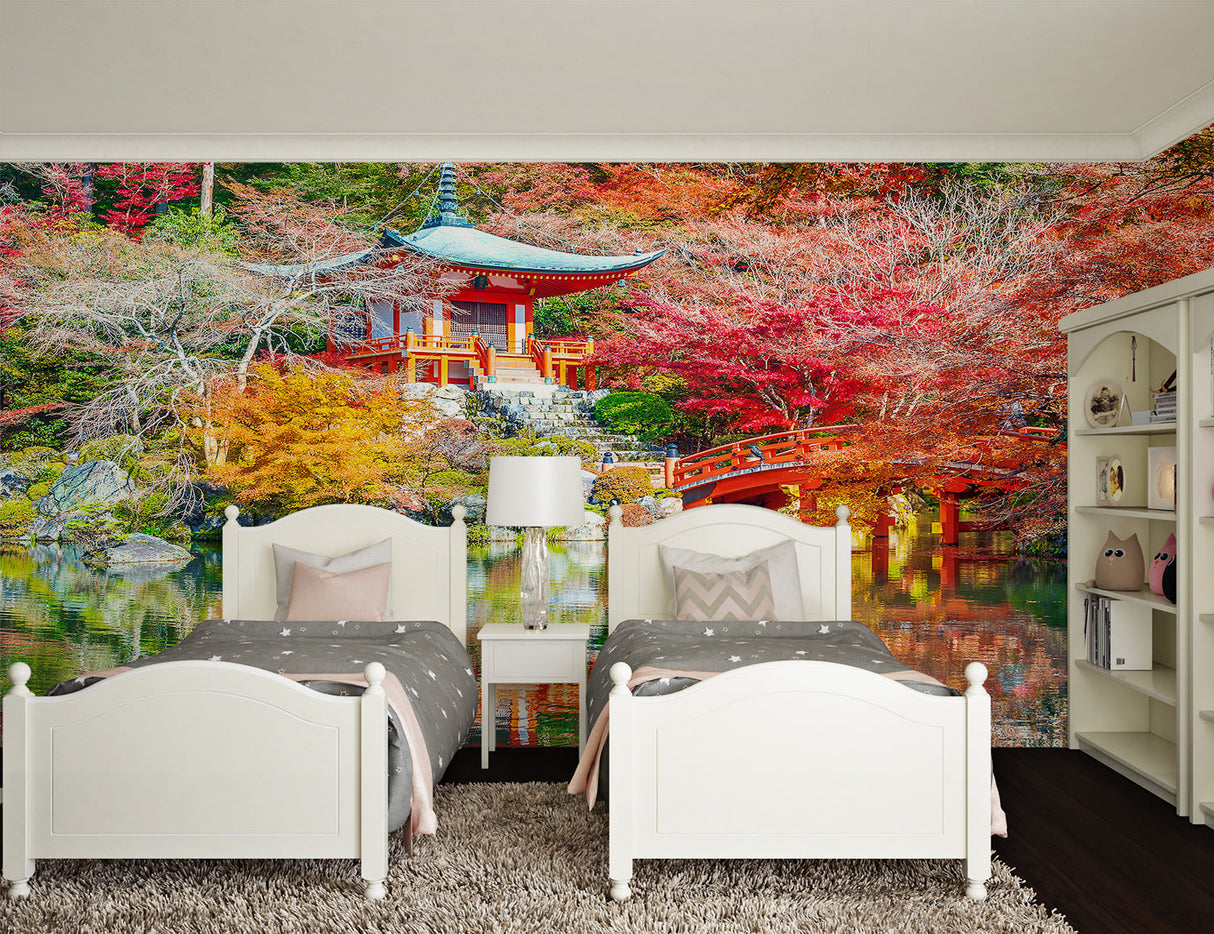 Autumn temple mural adding depth to dining room wall