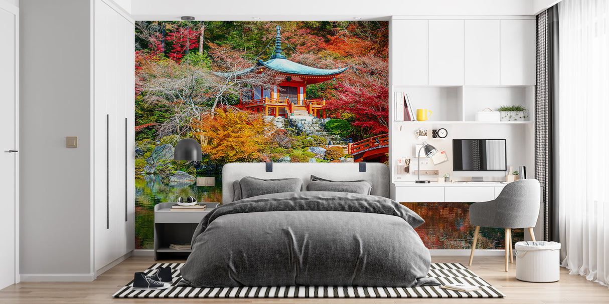 Japanese garden scene enhancing bedroom with peaceful bridge view