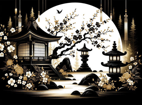 Japanese temple design file with black pagoda silhouette and gold accents, showing intricate oriental pattern details