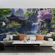 Japanese garden wallpaper with waterfall and cherry blossoms creating a peaceful atmosphere in a modern living room