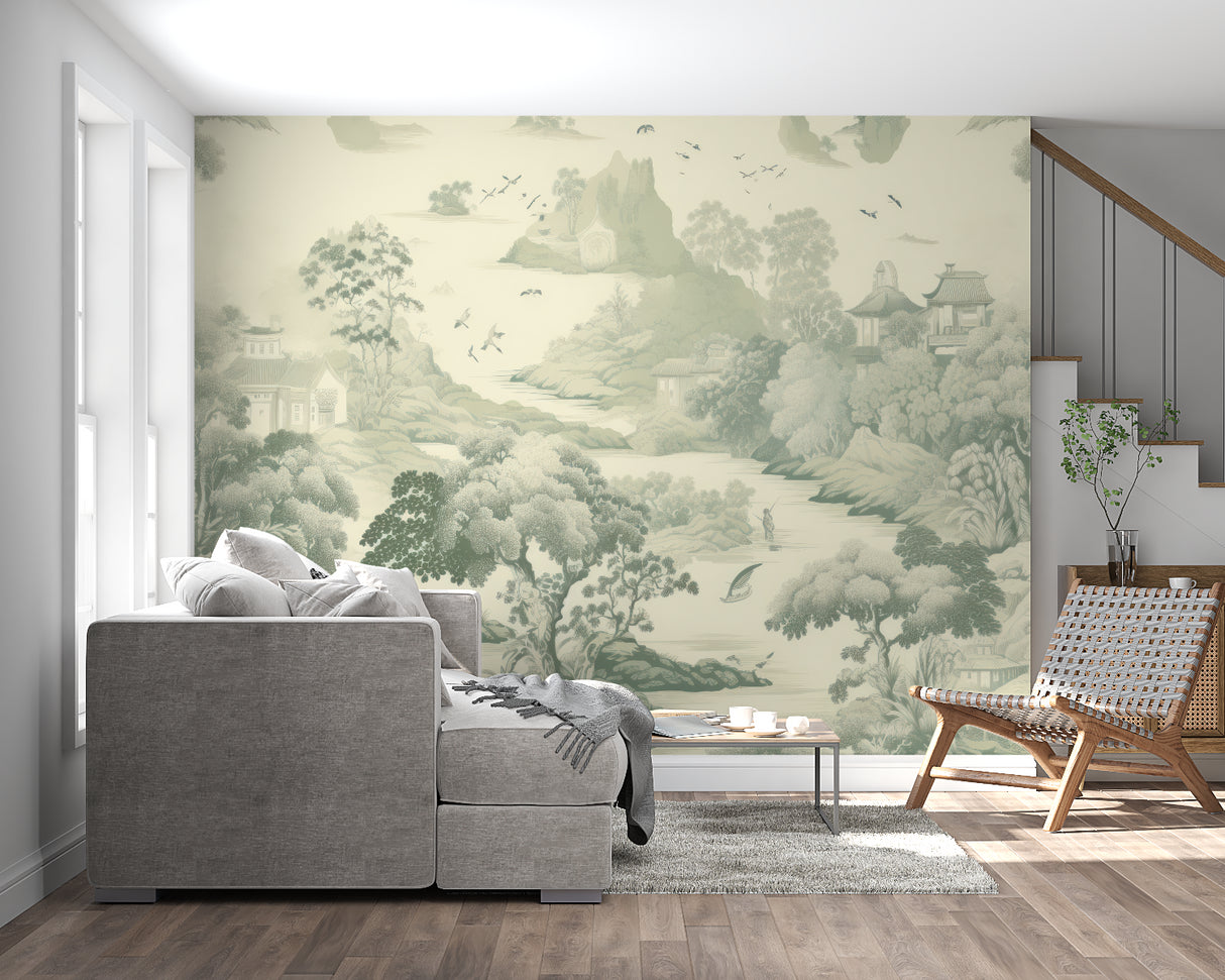 Japanese garden mural wallpaper in a modern living room, creating a peaceful green backdrop