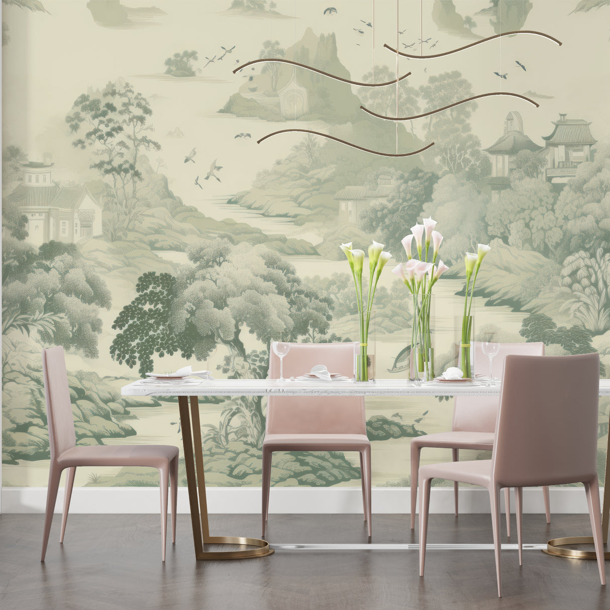 Oriental landscape wallpaper brightening a bedroom with sage green mountain views