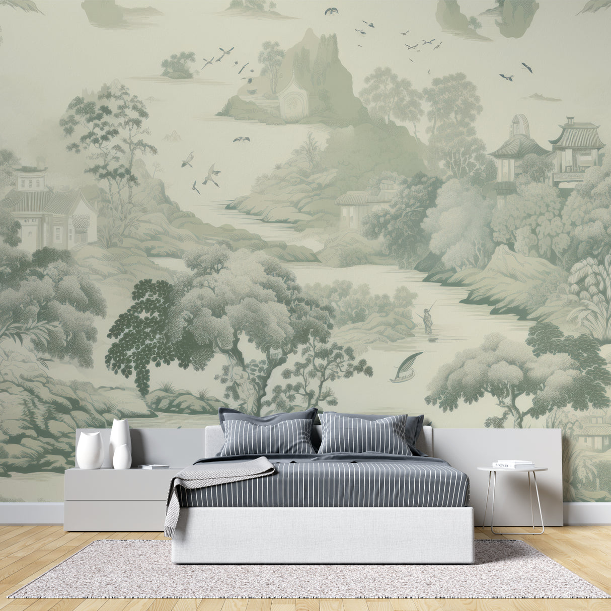 Asian garden mural adding serenity to a meditation room space