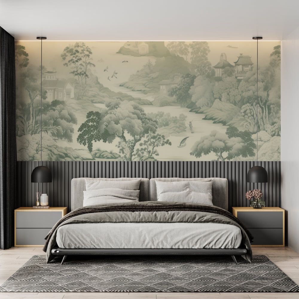 Japanese landscape wallpaper transforming a dining room with mountain scenery