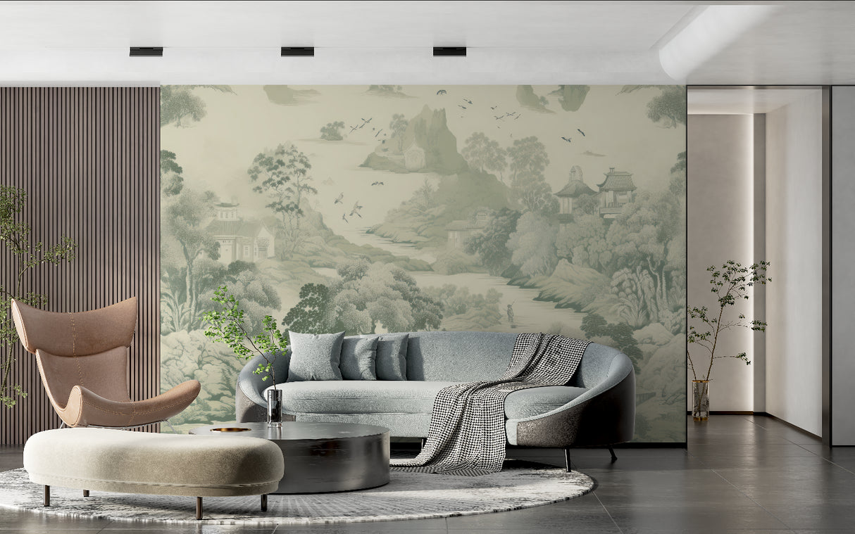 Zen garden wallpaper creating depth in a home office setting