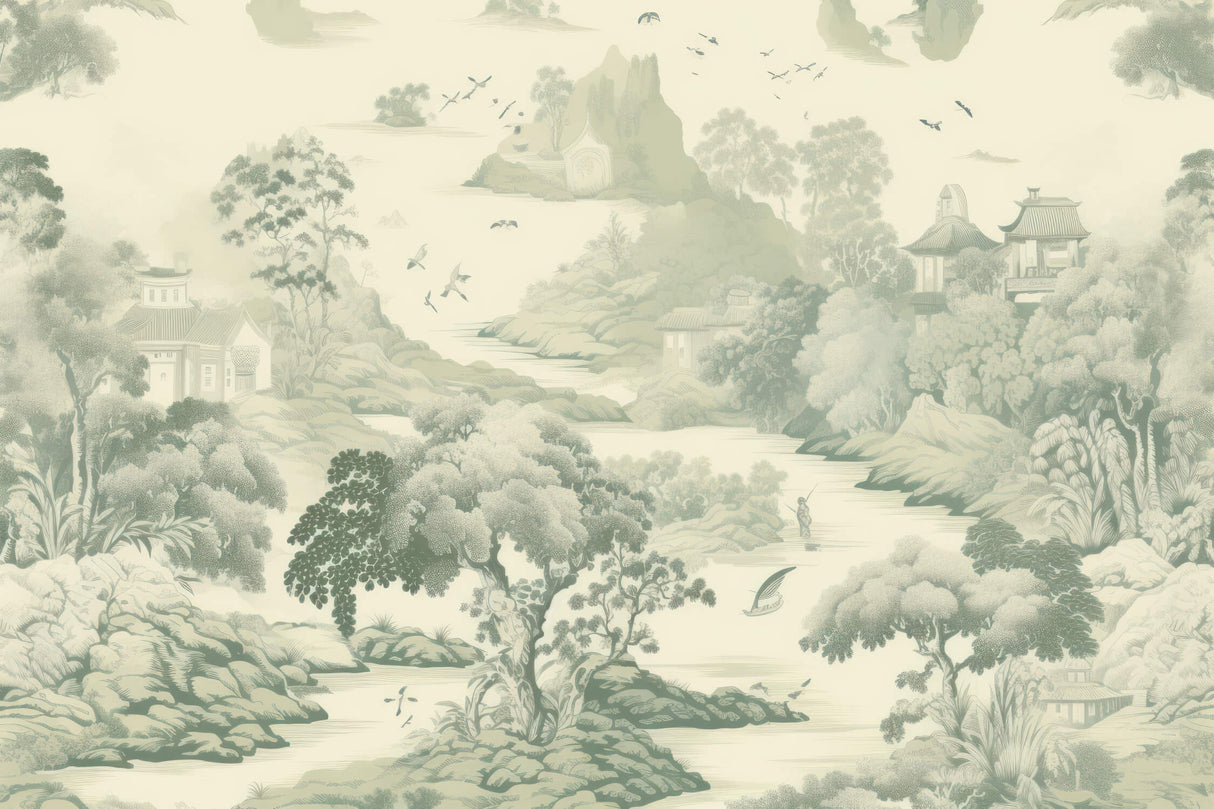 Japanese garden design file showing detailed mountain landscape pattern in sage green tones