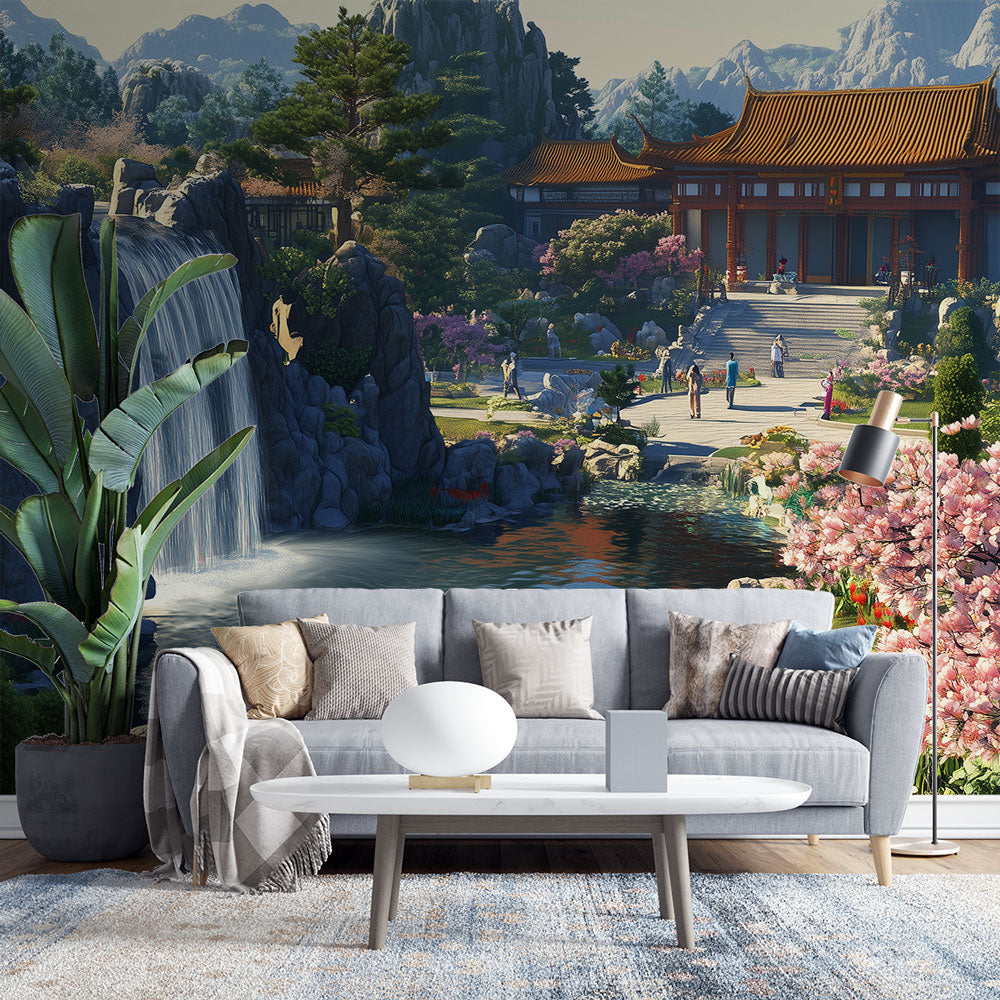 Japanese garden wallpaper creating a serene atmosphere in a modern living room with minimalist furniture