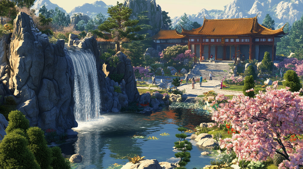 Japanese garden temple and waterfall design file showing intricate pattern details and authentic elements