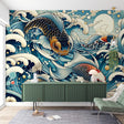 Japanese koi fish wallpaper creating a stunning focal point in a modern dining room with soft lighting