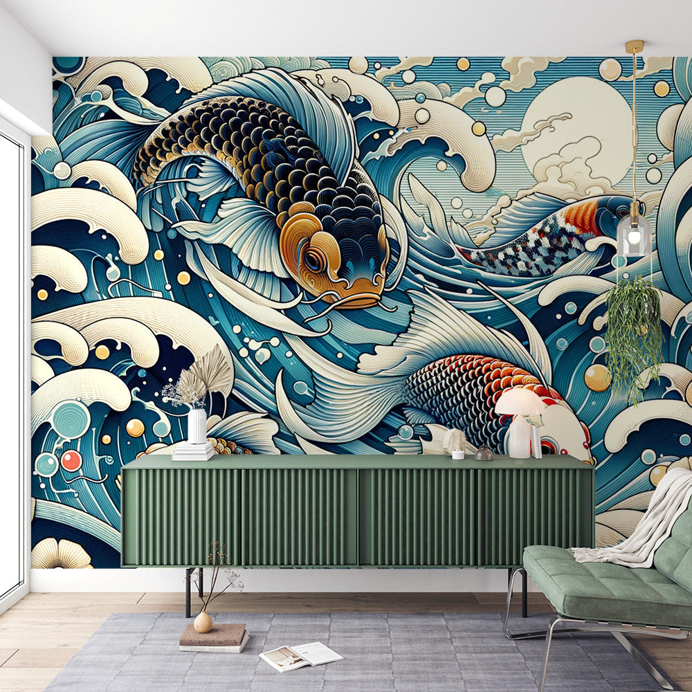 Japanese koi fish wallpaper creating a stunning focal point in a modern dining room with soft lighting