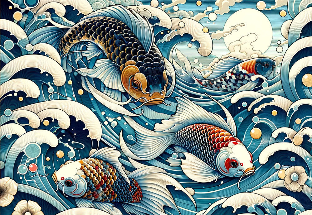 Japanese koi fish design file showing intricate art deco wave patterns and golden accents