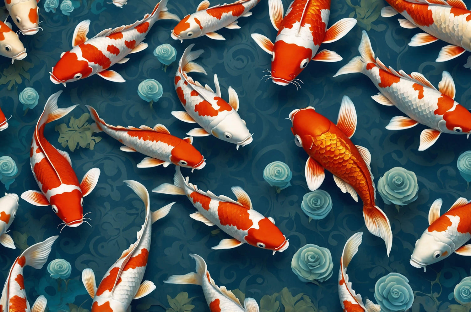 Design file showing detailed orange and white koi fish pattern on deep blue background