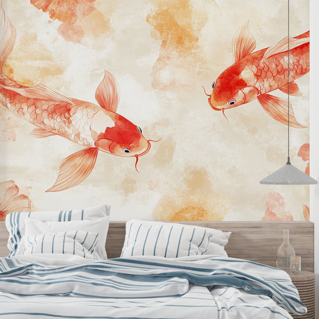 Japanese Koi Fish Wallpaper creating a peaceful atmosphere in a modern living room