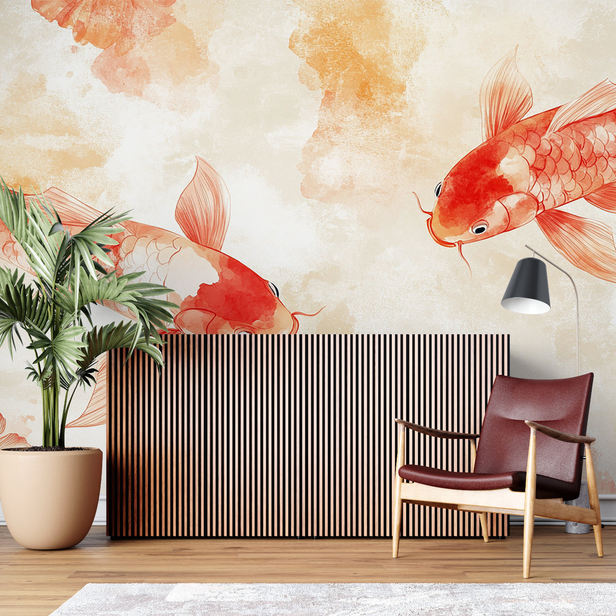 Red Koi Fish Mural bringing zen vibes to a minimalist dining room