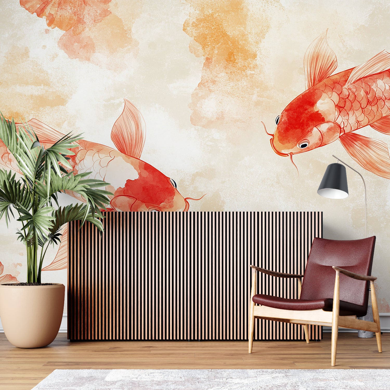 Red Koi Fish Mural bringing zen vibes to a minimalist dining room