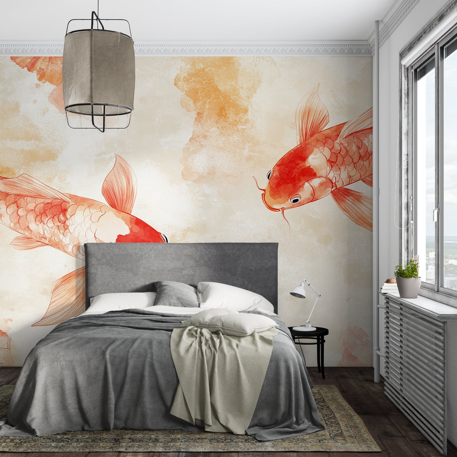 Japanese Fish Mural transforming a home office with flowing design