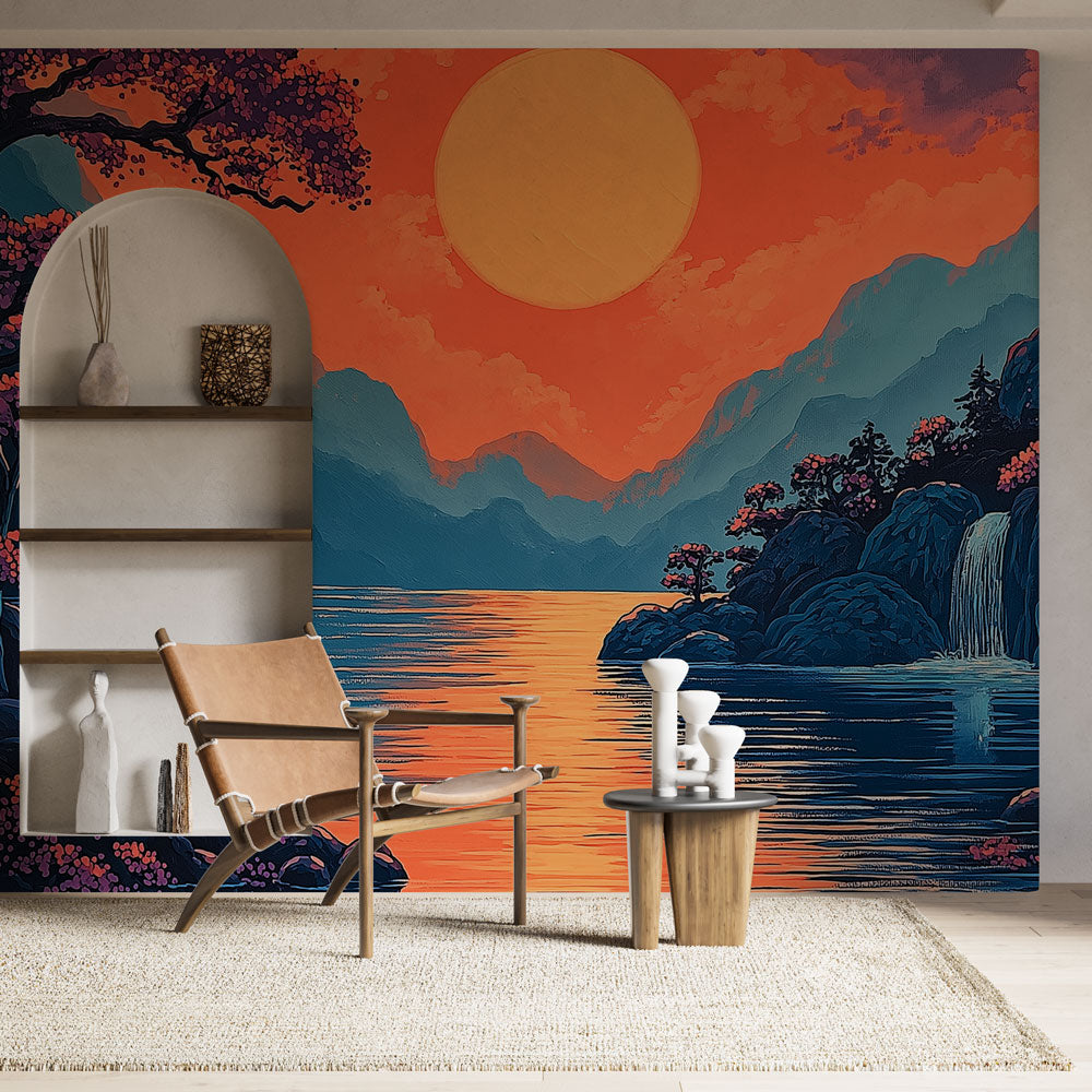 Japanese landscape mural wallpaper in modern living room, showing cherry blossoms and sunset lake scene creating depth