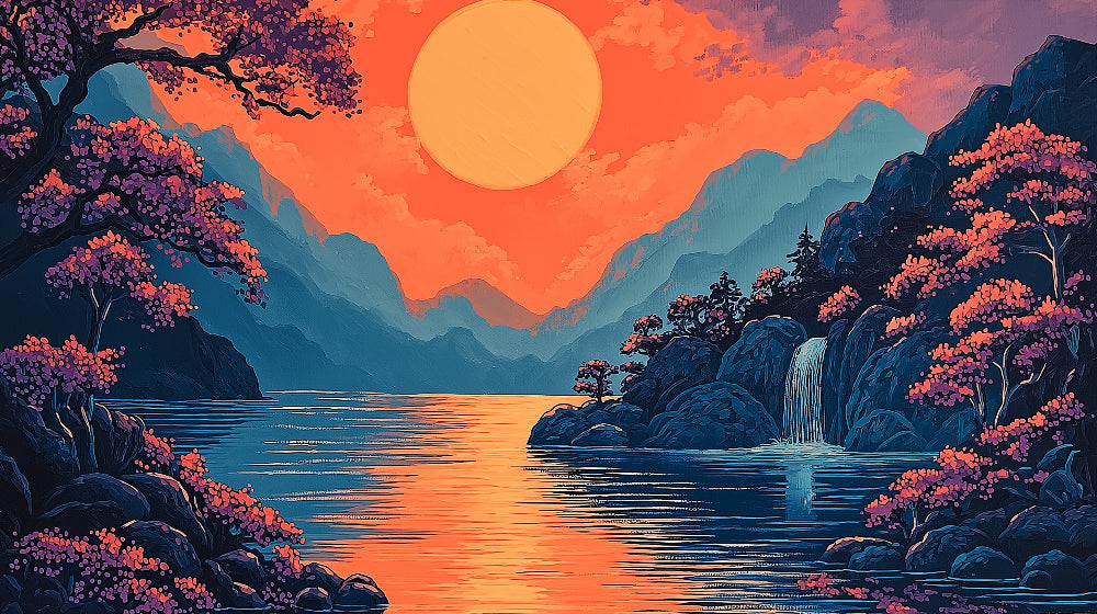 Japanese landscape wallpaper design file showing detailed cherry blossoms and sunset lake pattern