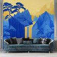 Japanese mountain mural wallpaper showcased in a minimalist living room with natural light highlighting the golden accents