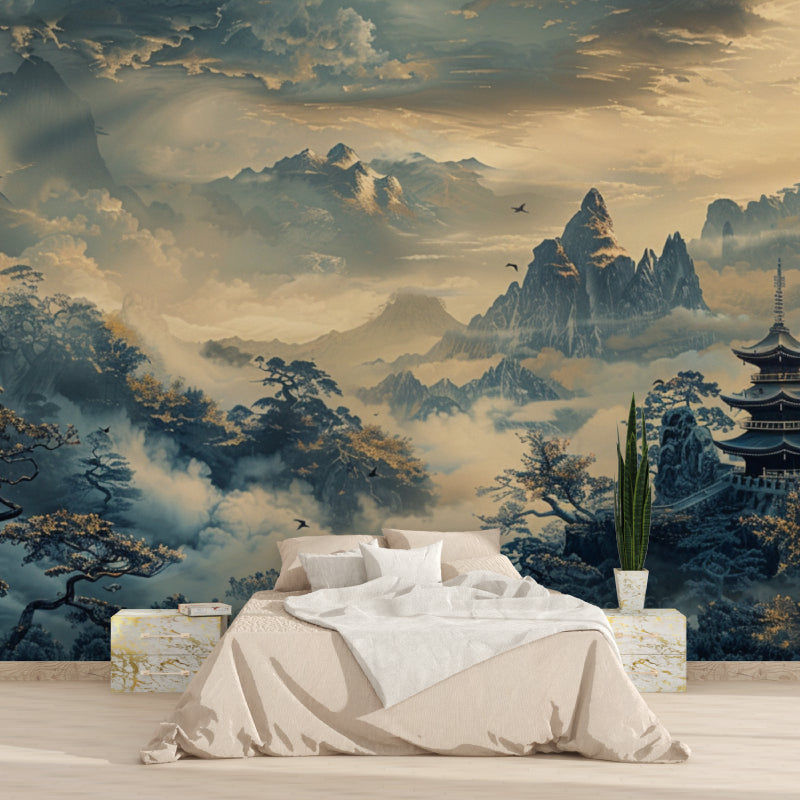 Japanese mountain mural wallpaper showcased in a modern living room, creating a peaceful Asian atmosphere