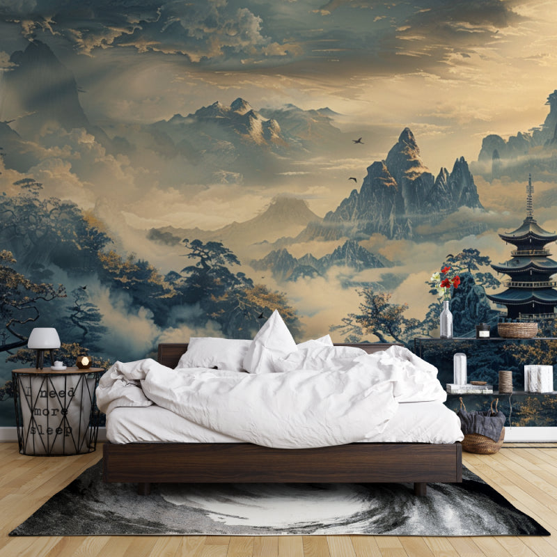 Mountain landscape wallpaper with pagoda displayed in a meditation room setting