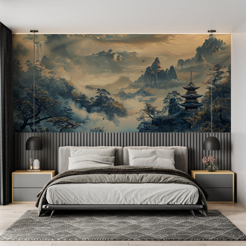 Japanese mountain wall mural bringing serenity to a master bedroom space