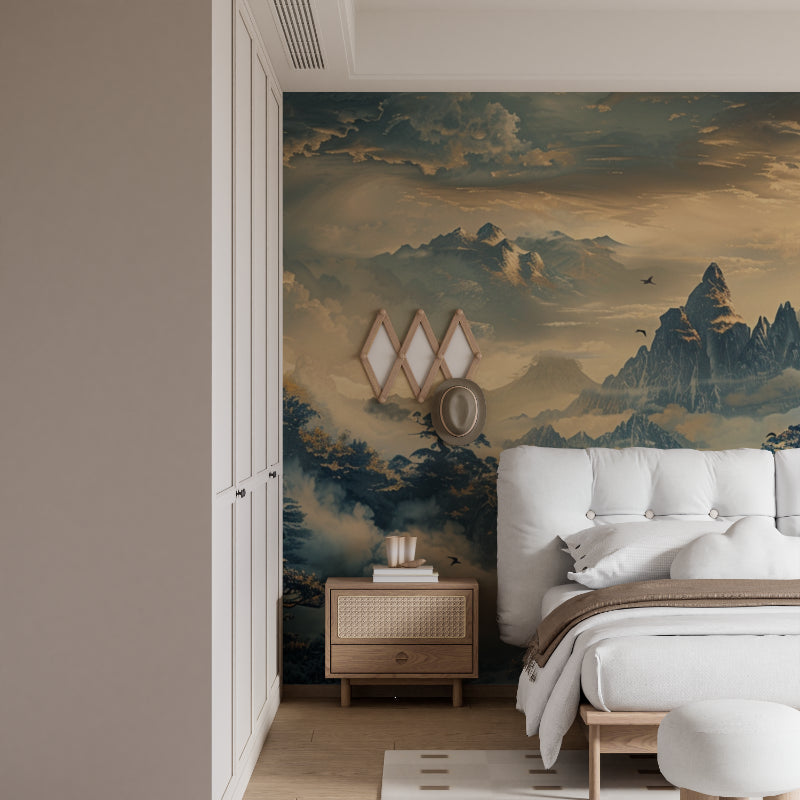 Asian mountain wallpaper transforming a minimalist dining room with misty peaks