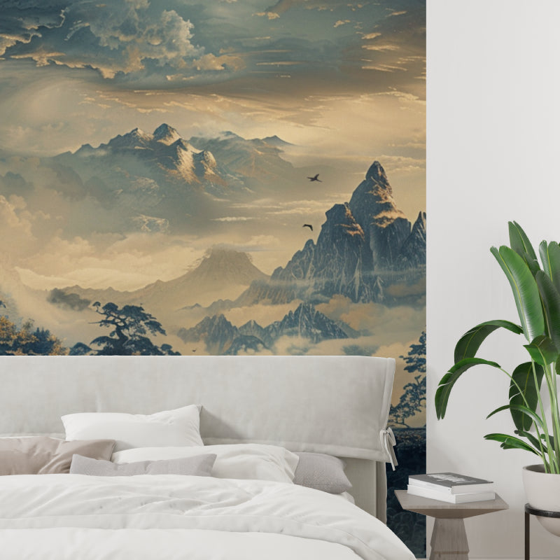 Mountain and pagoda mural creating depth in a home office setting